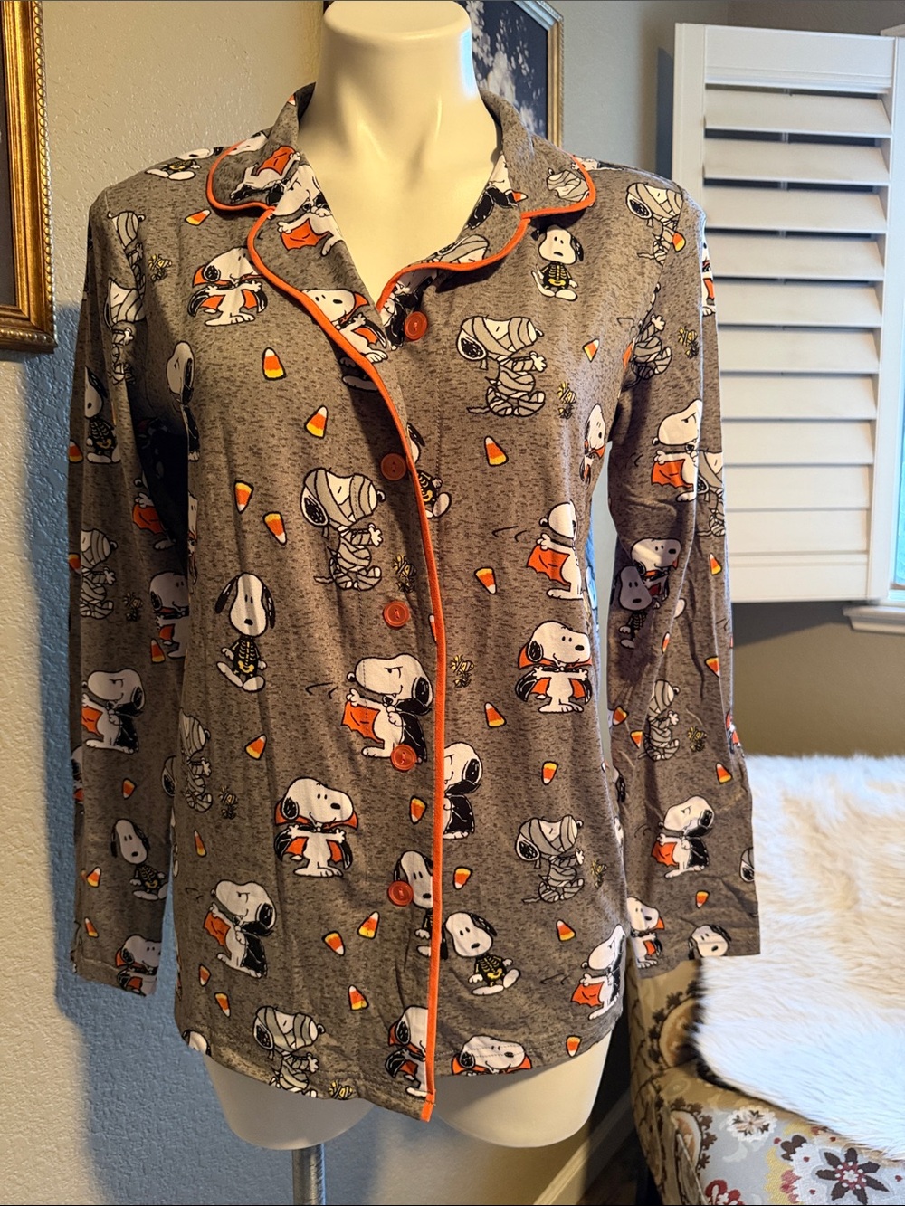 Peanuts Gray Orange Snoopy Candy Corn Pajama Top